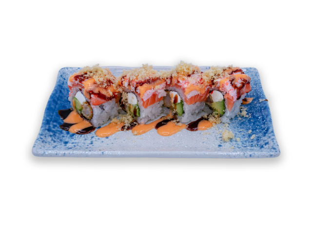 Longhorn Roll with salmon, avocado and crunchy topping