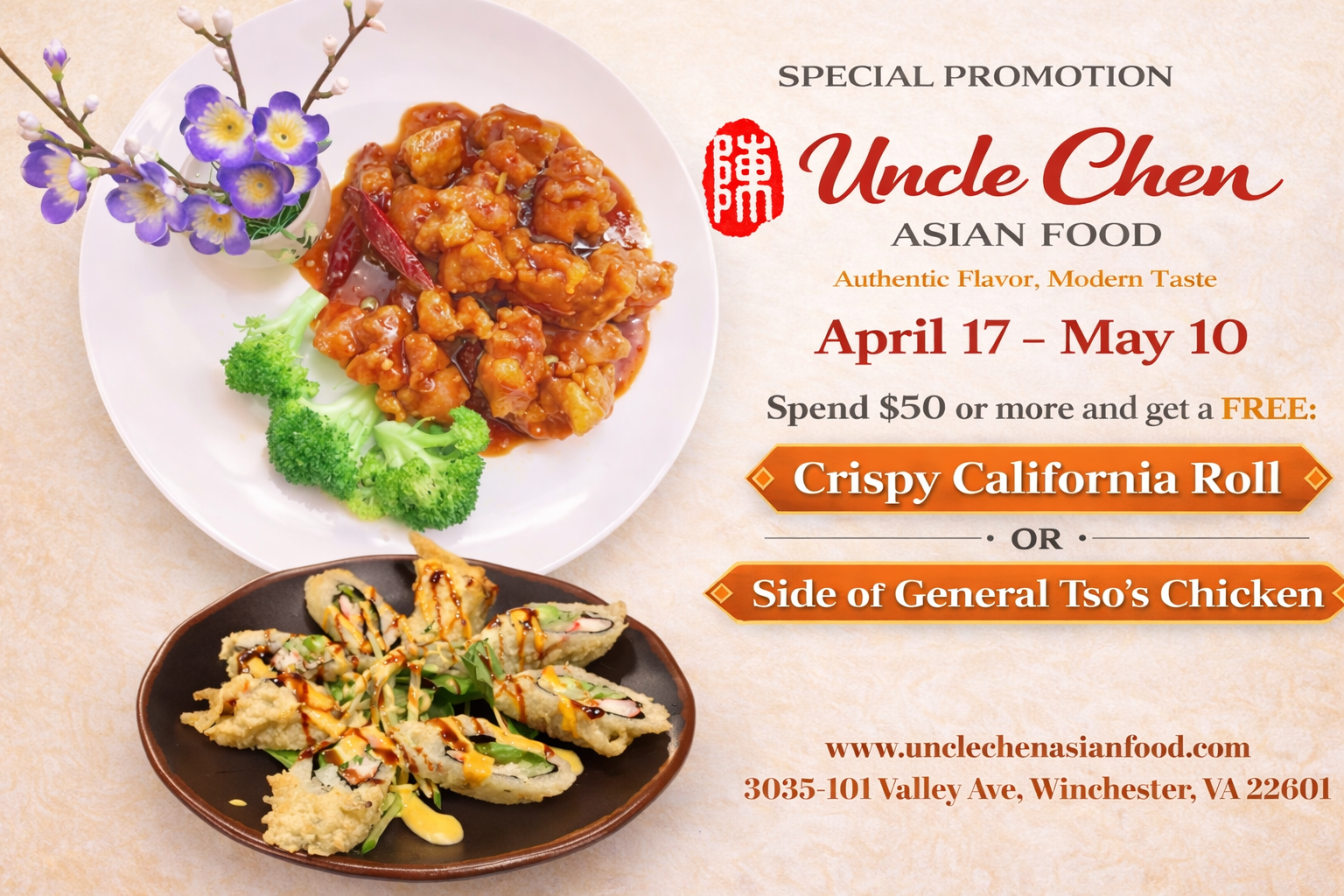 Uncle Chen Asian Food offers free Crispy California Roll or General Tso's Chicken side with $50+ orders, April 17–May 10.