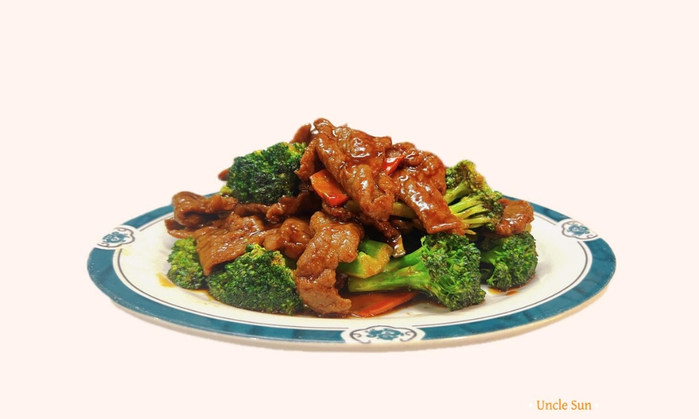 Beef and broccoli stir-fry in savory sauce at Uncle Sun, a Chinese Restaurant in Eugene