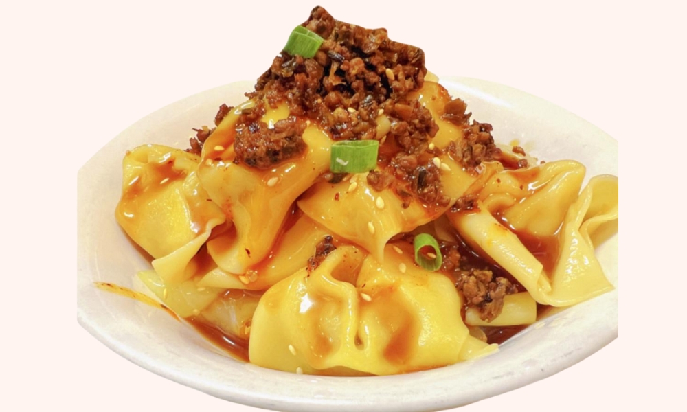 Spicy sauce-coated wontons with minced meat topping at Uncle Sun, a Chinese Restaurant in Eugene