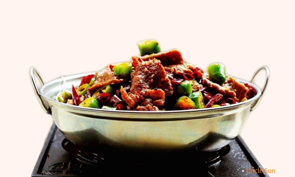 Spicy Szechuan beef hot pot with peppers at Uncle Sun, a Chinese Restaurant in Eugene