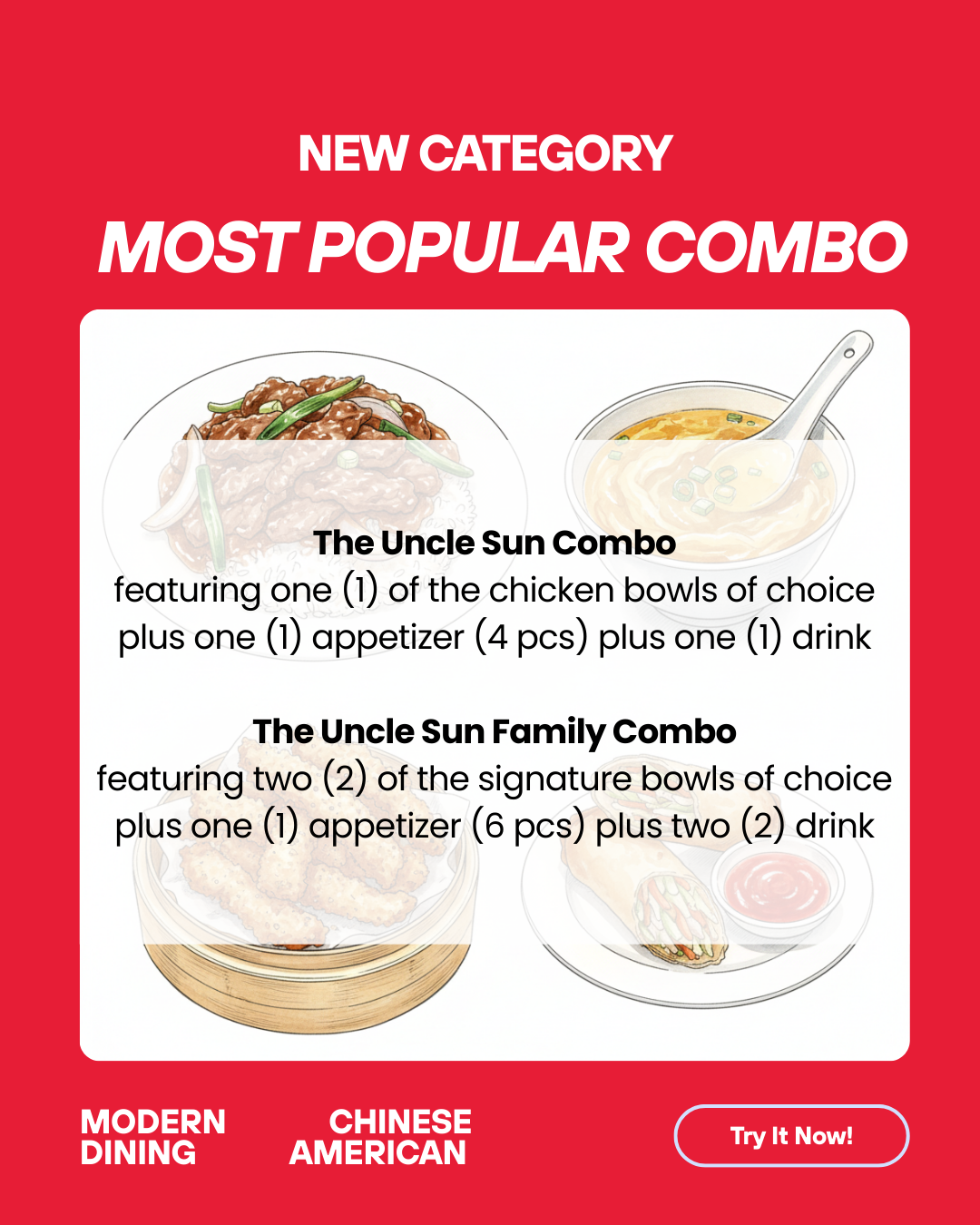 Most Popular Combo” menu: Uncle Sun Combo (1 bowl, 4 apps, 1 drink) and Family2 bowls, 6 apps, 2 drinks).