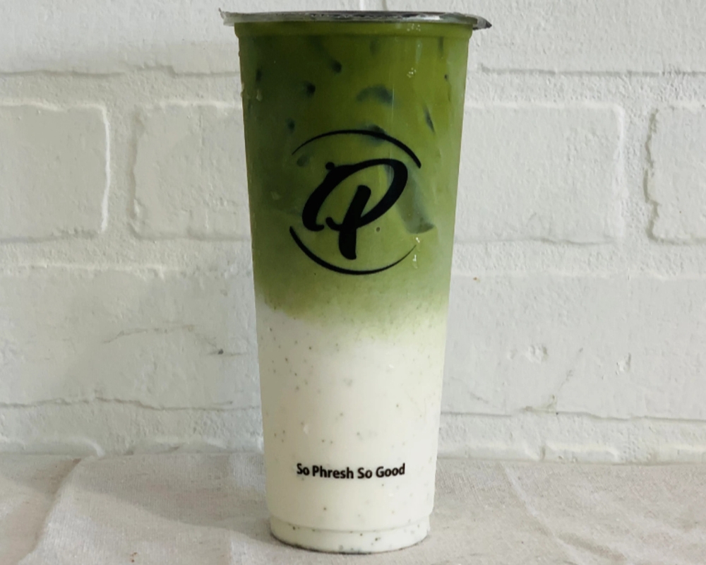 Creamy matcha milk tea with layered texture at Uniboil Phresh Teas Co, a Hot Pot Restaurant in Goleta.