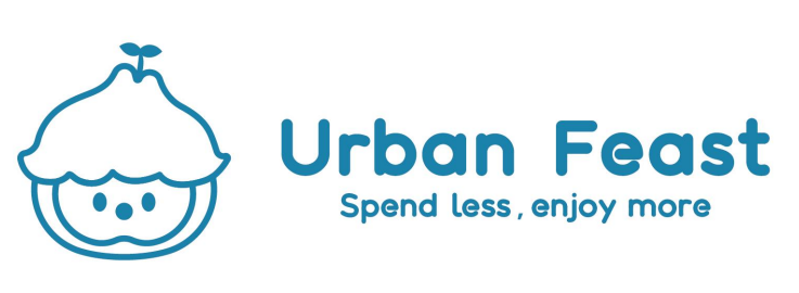 Urban Feast logo with mascot icon and tagline 'Spend less, enjoy more'