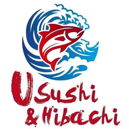 Logo of U Sushi & Hibachi with fish and waves at U Sushi & Hibachi, a Japanese Restaurant in Ormond Beach