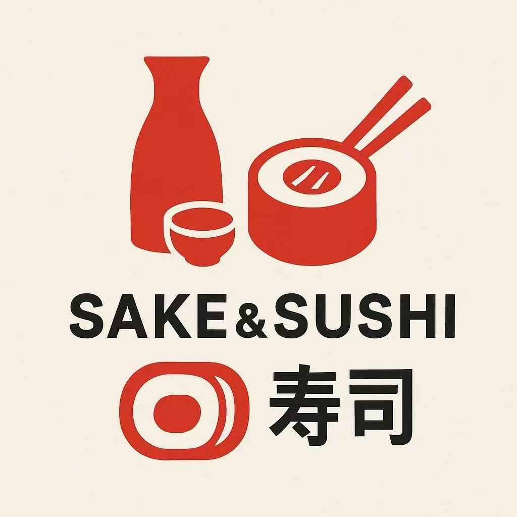 Logo for "Sake & Sushi" with red icons of a sake bottle, cup, and sushi, along with the text "SAKE & SUSHI" and Chinese character "寿司"