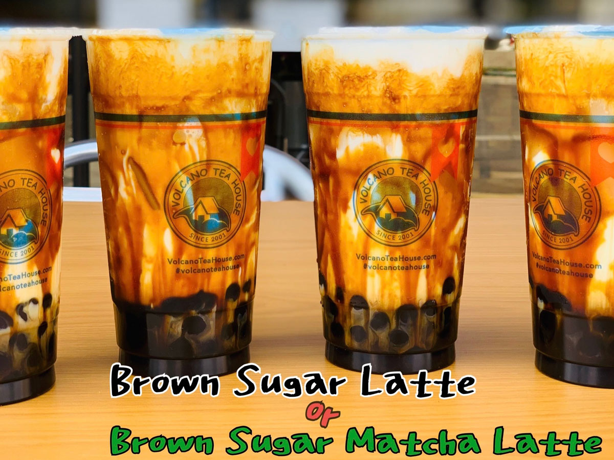Four brown sugar latte bubble tea cups with menu text overlay at Volcano Tea House, a Bubble tea store in Los Angeles