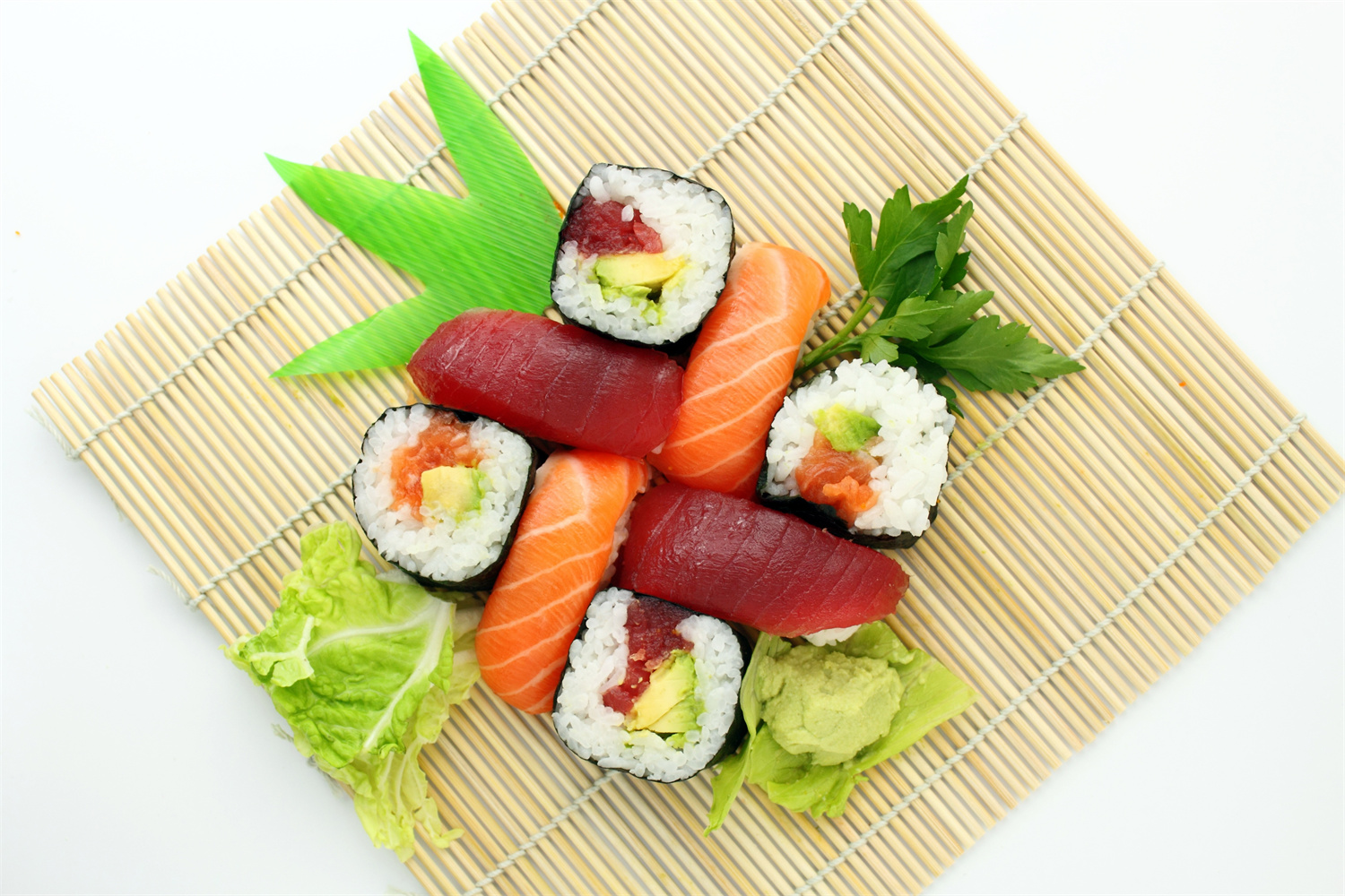 Salmon and tuna nigiri sushi platter with avocado maki at Wadaya, a Japanese Restaurant in Bryn Mawr