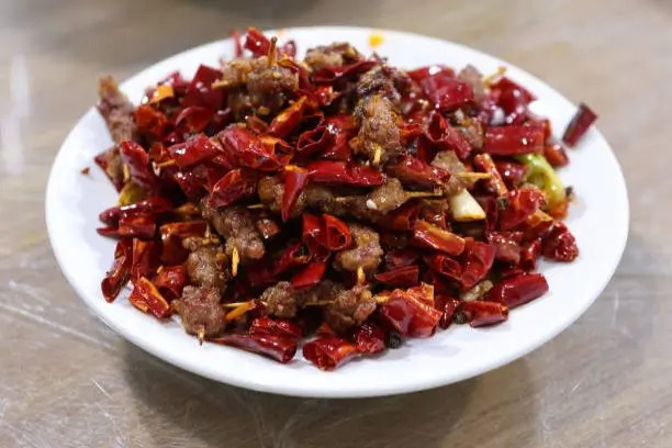 Wang’s-Chinese-Cuisine-Chinese-restaurant-Spicy-Lamb-Skewers-Cathedral-City Lamb skewers stir - fried with plenty of dried chilies at Wang's Chinese Cuisine, a Chinese restaurant in Cathedral City