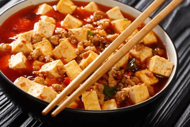 Wang’s-Chinese-Cuisine-Chinese-restaurant-Mapo-Tofu-Cathedral-City Tofu dish with minced meat in spicy sauce at Wang's Chinese Cuisine, a Chinese restaurant in Cathedral City