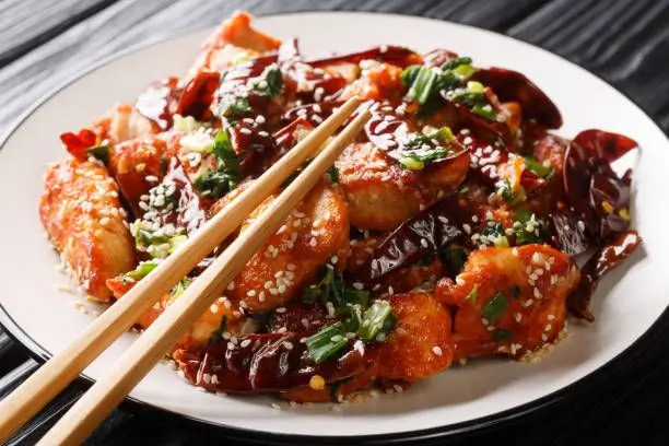 Wang’s-Chinese-Cuisine-Chinese-restaurant-Spicy-Chicken-Cubes-Cathedral-City Spicy chicken cubes with chilies at Wang's Chinese Cuisine, a Chinese restaurant in Cathedral City