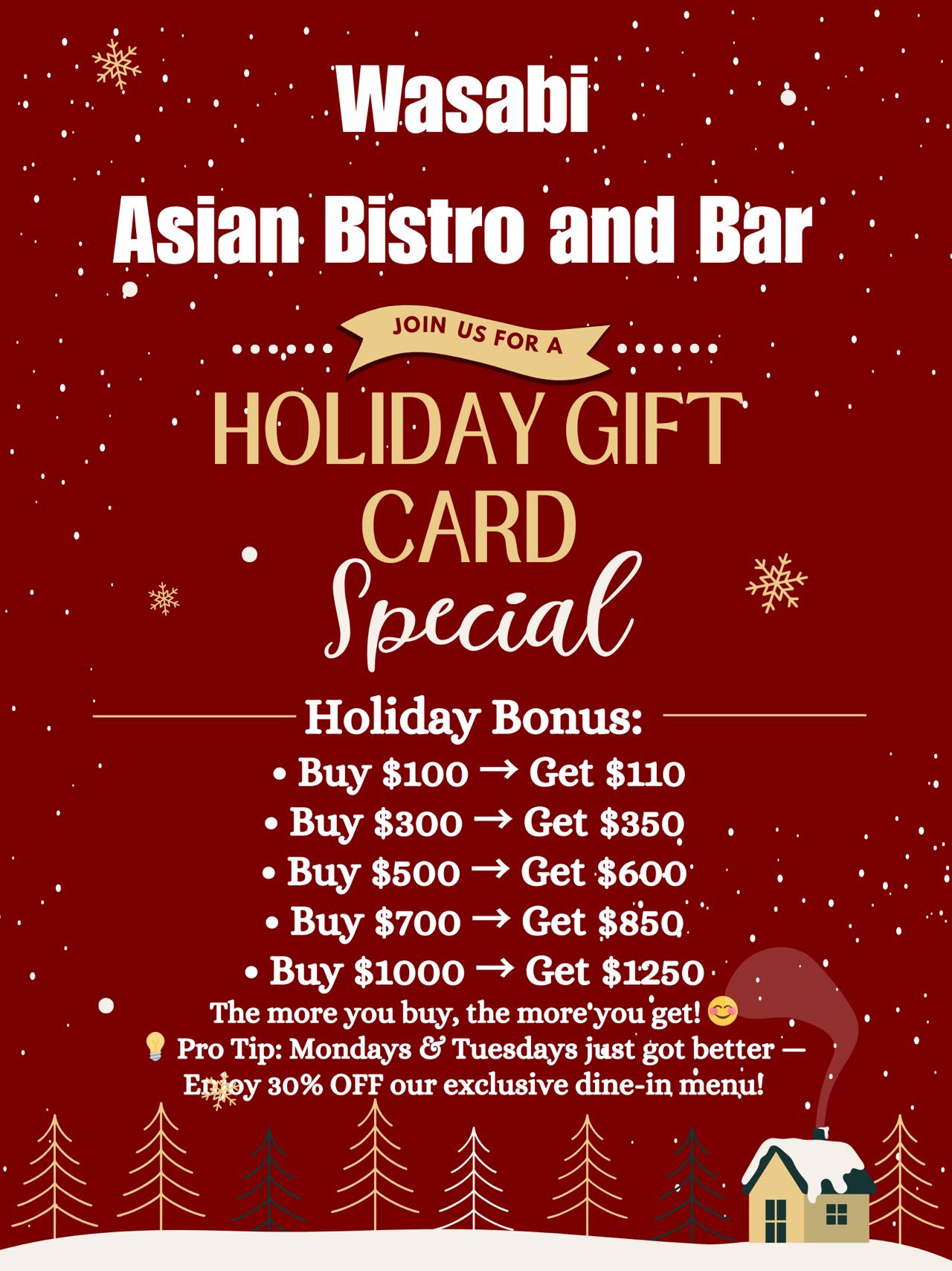 Holiday gift card specials at Wasabi Asian Bistro and Bar with bonus amounts listed on a festive red background.
