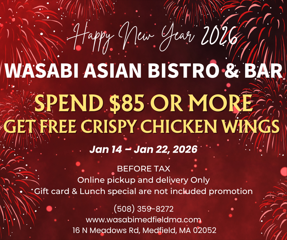 Wasabi Asian Bistro promo Jan 14–22, 2026: spend $85+ before tax, get free crispy wings; online pickup/delivery only.