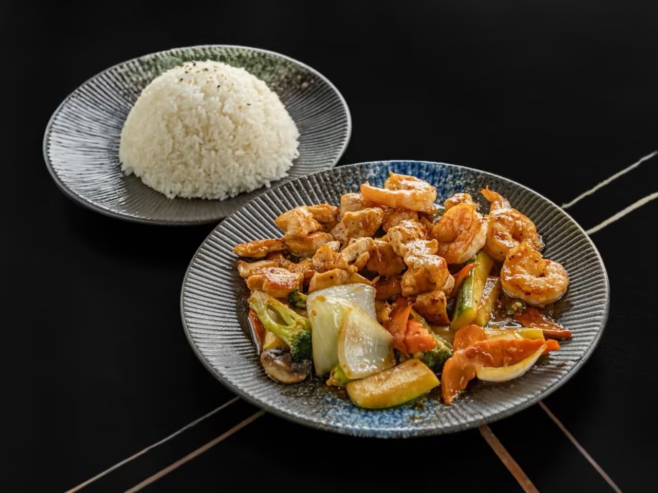 Grilled chicken and shrimp with mixed vegetables, served with steamed white rice