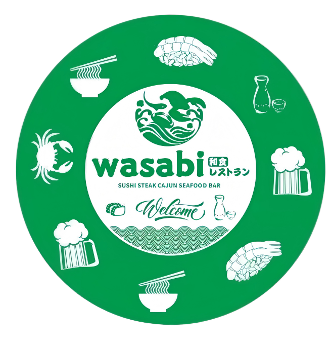 Wasabi Sushi Steak Cajun Seafood Bar logo with sushi, noodles, seafood, sake, and beer icons