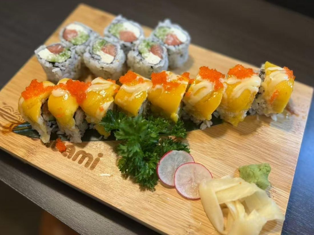 Watami-Sushi-Restaurant-Mango-Sushi-Rolls-ME Mango-topped sushi rolls with garnishes at Watami, a Sushi Restaurant in ME