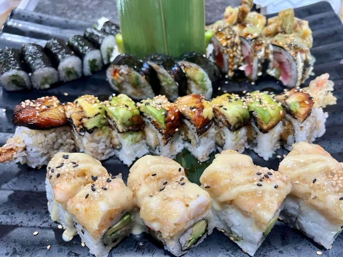 Watami-Sushi-Restaurant-Mixed-Sushi-Rolls-ME Variety of sushi rolls with toppings at Watami, a Sushi Restaurant in ME