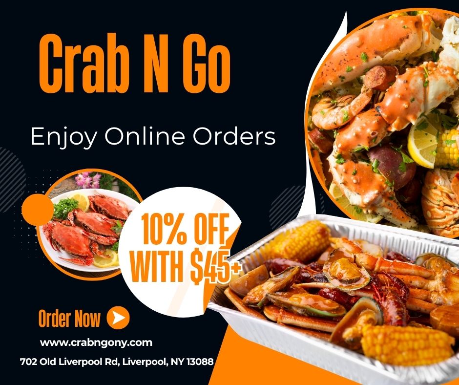 Crab N Go seafood platter promo - 10% off online orders $45+ at Liverpool, NY location.