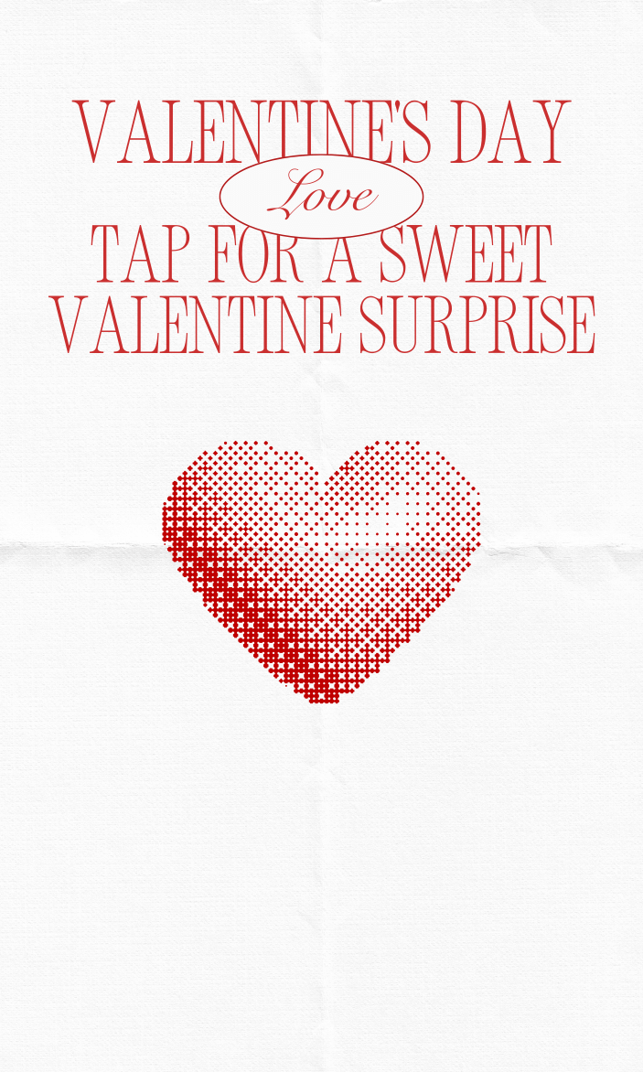 Valentine’s Day greeting card with text ‘Tap for a sweet Valentine surprise’ and cross-stitched heart design on white background