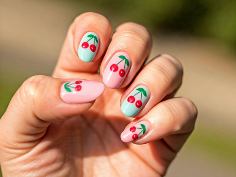 Cute cherry nail art in pink & mint at Bonnie Nail Salon, a Nail Salon in Brentwood