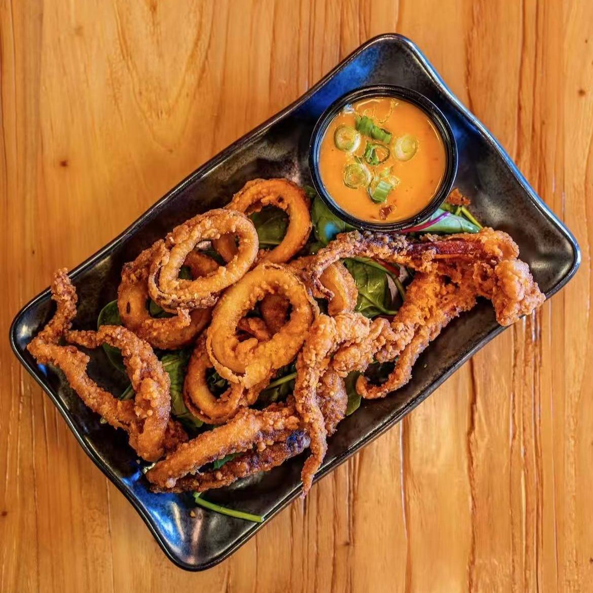 West-Brew-Izakaya-Japanese-Restaurant-Karaage-Calamari-West-Reading Karaage - style fried calamari with creamy dipping sauce at West Brew Izakaya, a Japanese Restaurant in West Reading