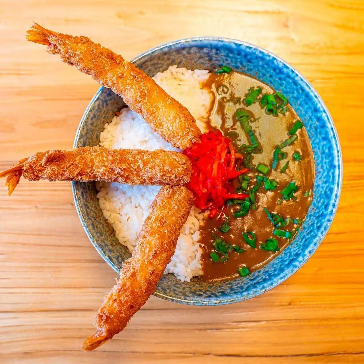 West-Brew-Izakaya-Japanese-Restaurant-Shrimp-Tempura-Curry-Don-West-Reading Shrimp tempura curry don with rice and pickled ginger at West Brew Izakaya, a Japanese Restaurant in West Reading