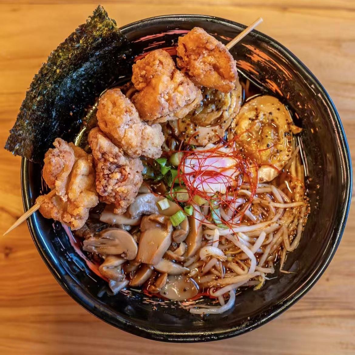 West-Brew-Izakaya-Japanese-Restaurant-Spicy-Fried-Chicken-Ramen-West-Reading Spicy fried chicken ramen with mushrooms and sprouts at West Brew Izakaya, a Japanese Restaurant in West Reading