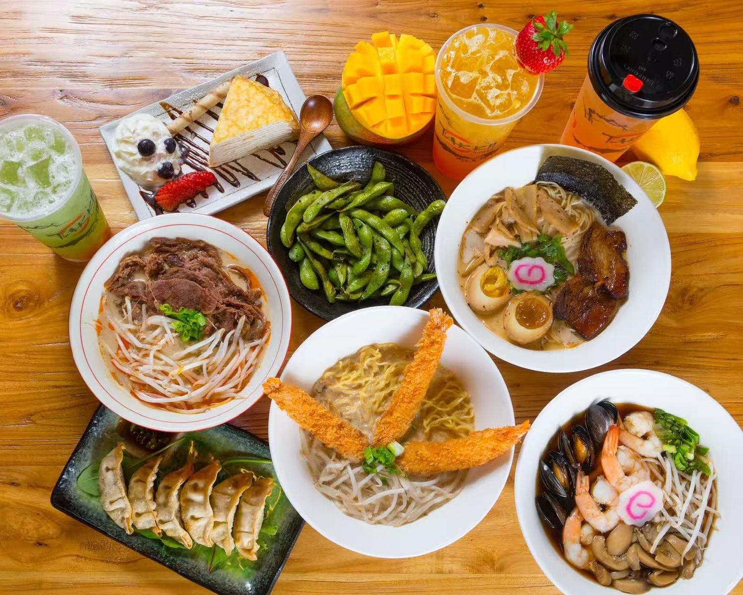 West-Brew-Izakaya-Japanese-Restaurant-Assorted-Ramen-and-Sides-Platter-West-Reading Assorted ramen bowls, gyoza, edamame and drinks at West Brew Izakaya, a Japanese Restaurant in West Reading
