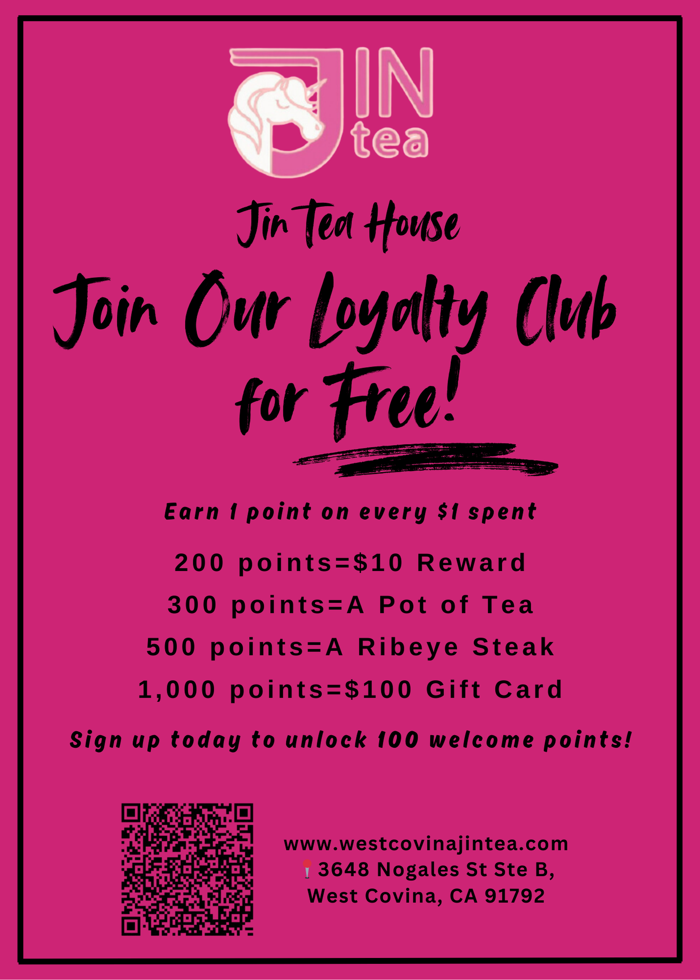 Pink poster for Jin Tea House loyalty club: free join, earn points for rewards like steak, gift card, plus QR code, website, address.