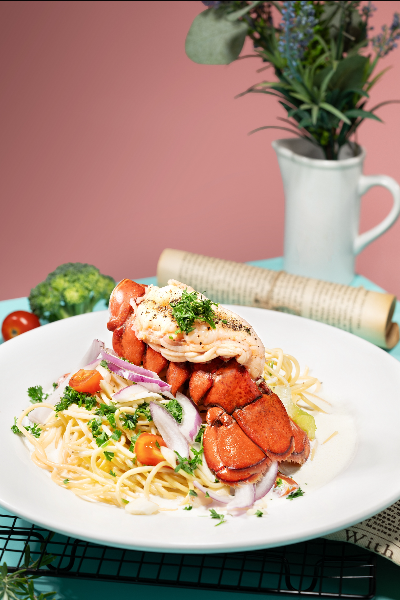 Jin-Foodie-New-American-Restaurant-Lobster-Spaghetti-West-Covina Spaghetti with lobster tail and fresh veggies at Jin Foodie, a New American Restaurant in West Covina