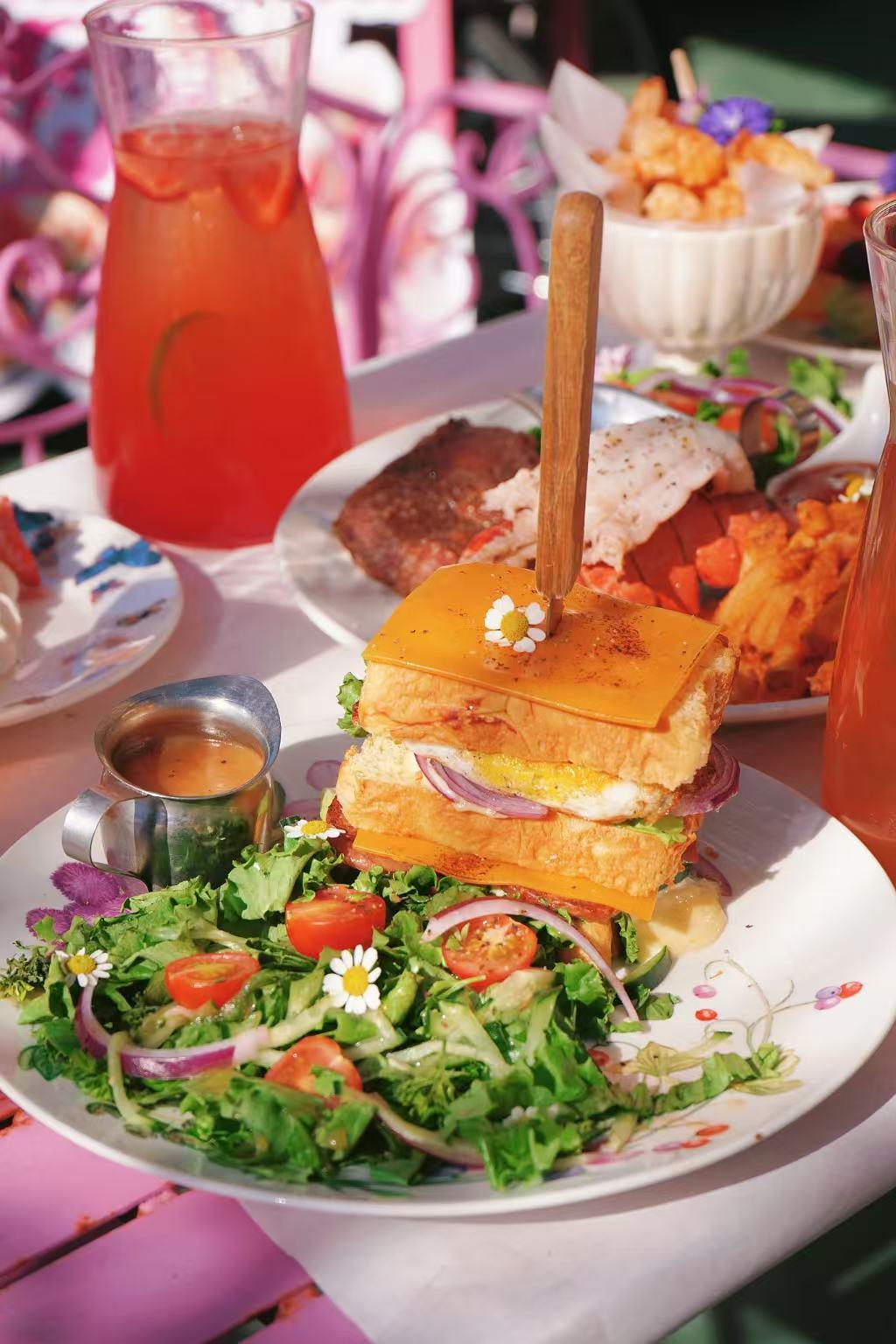 Jin-Foodie-New-American-Restaurant-Tall-Cheese-Sandwich-with-Salad-West-Covina Tall cheese sandwich with egg, onion and side salad at Jin Foodie, a New American Restaurant in West Covina