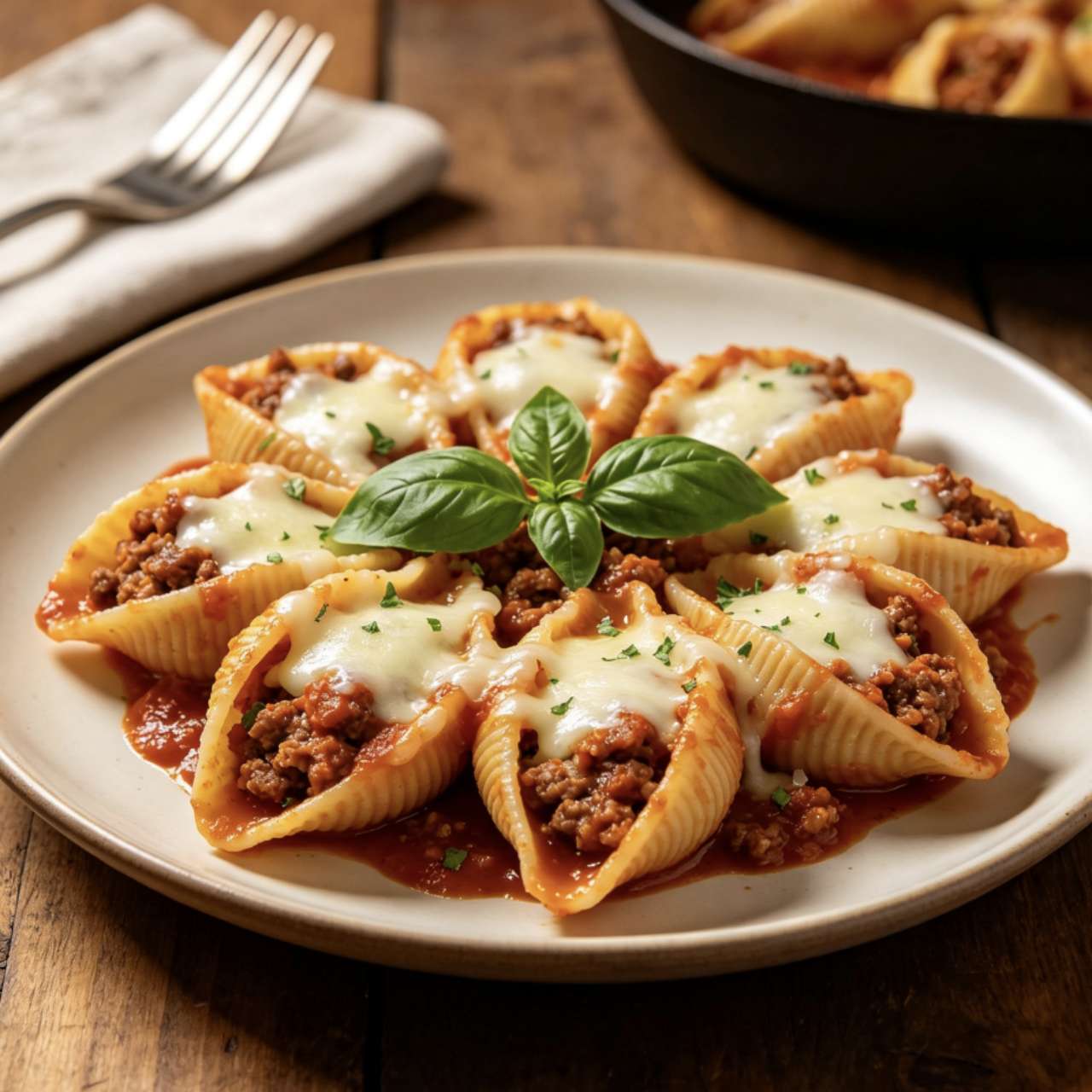 Stuffed pasta shells filled with meat sauce and melted cheese topped with basil at Westside Deli and Pasta, a Burger & Fried Chicken Restaurant in Las Vegas