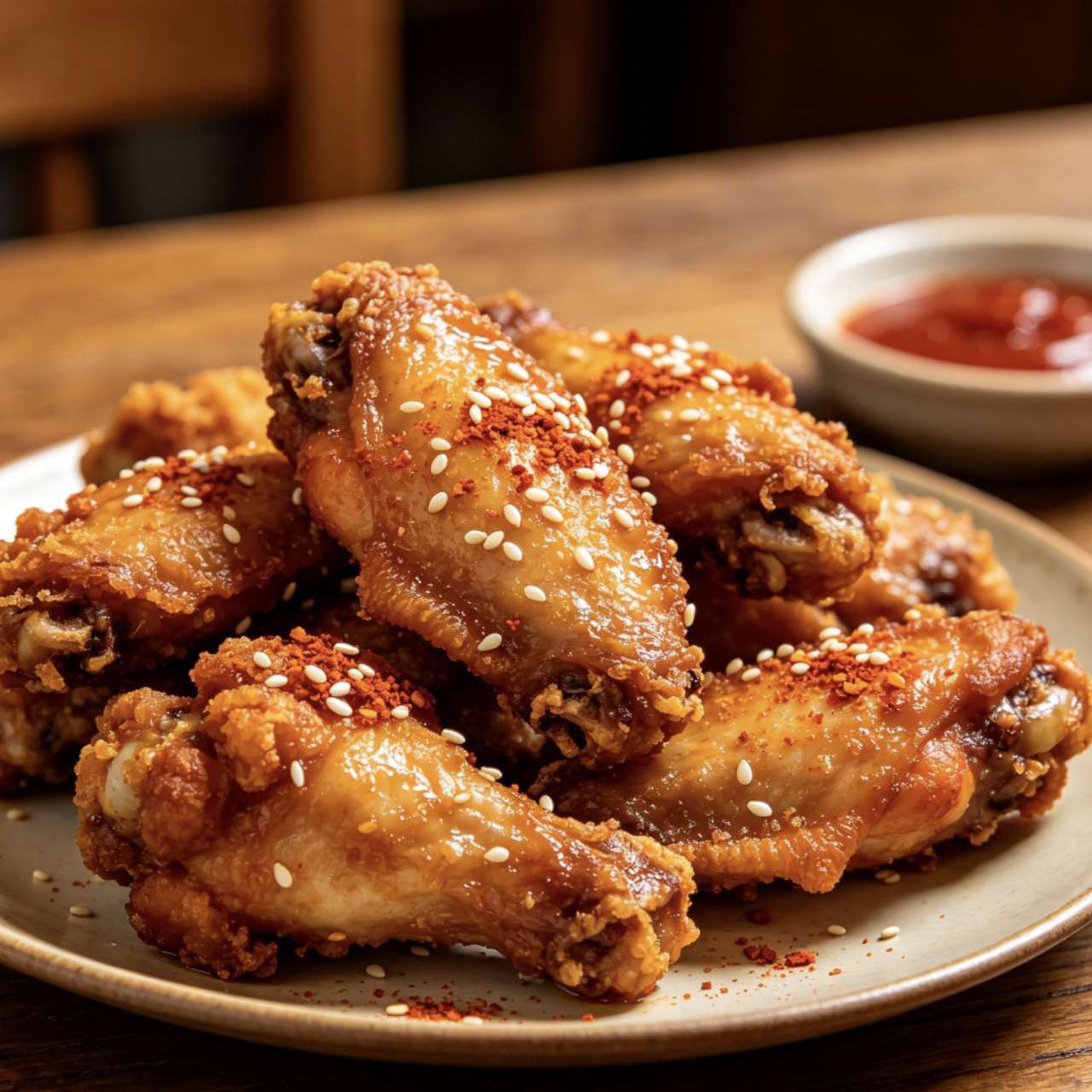 Glazed crispy chicken wings topped with sesame seeds and chili flakes on ceramic plate at Westside Deli and Pasta, a Burger & Fried Chicken Restaurant in Las Vegas