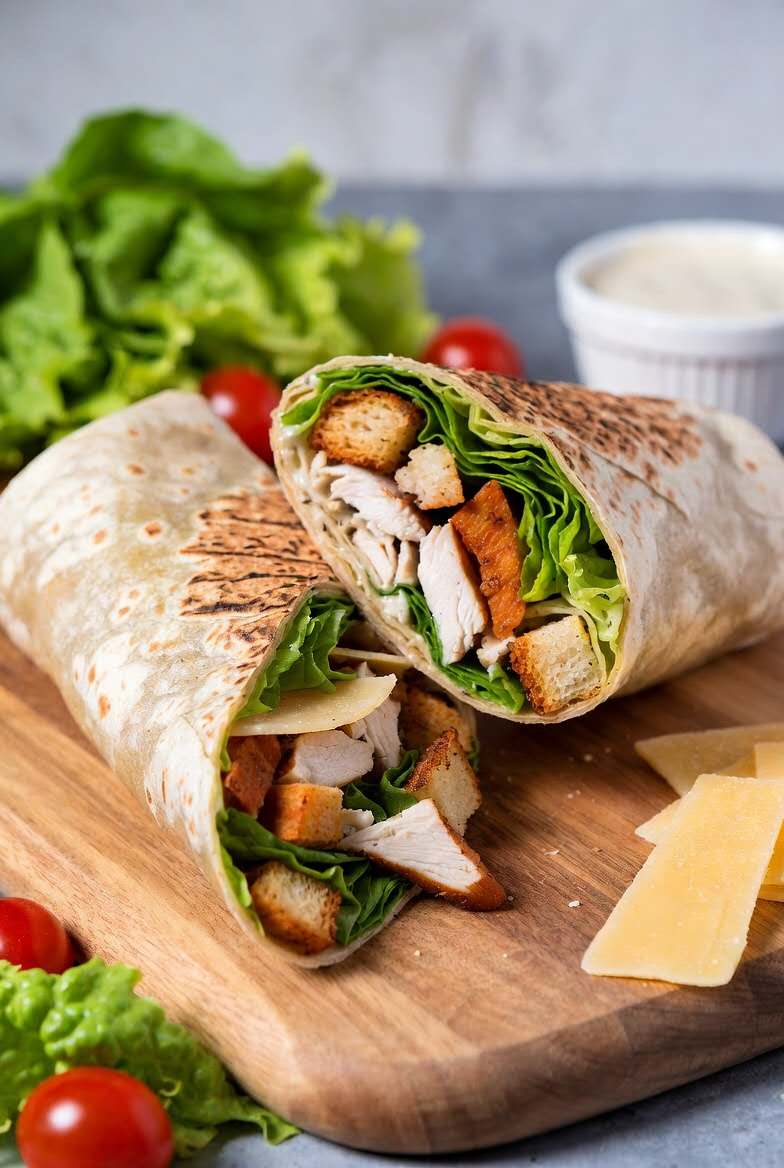 Sliced grilled chicken caesar wrap filled with lettuce, croutons and parmesan cheese at Westside Deli and Pasta, a Burger & Fried Chicken Restaurant in Las Vegas