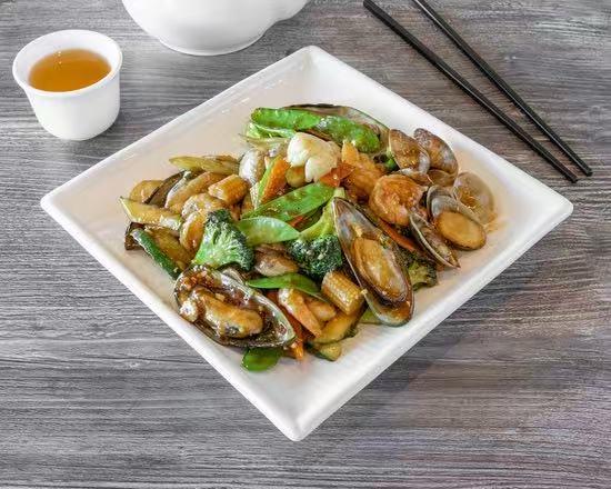 Seafood stir-fry with mussels, shrimp, and vegetables at Wild Ginger Asian Bistro, a Asian restaurant in Gilbert