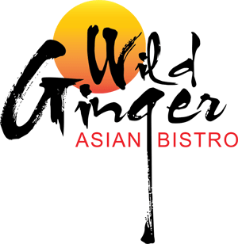 `Wild Ginger Asian Bistro logo with brushstroke text, sunset circle, and red subtitle`