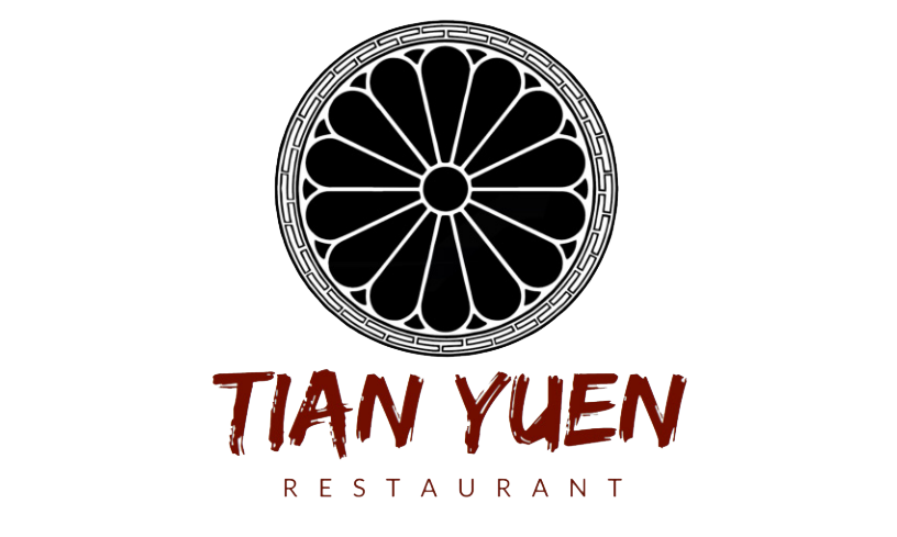 Tian Yuen Restaurant logo with black - and - white classical wheel - flower, handwritten - style “TIAN YUEN” and “RESTAURANT” text