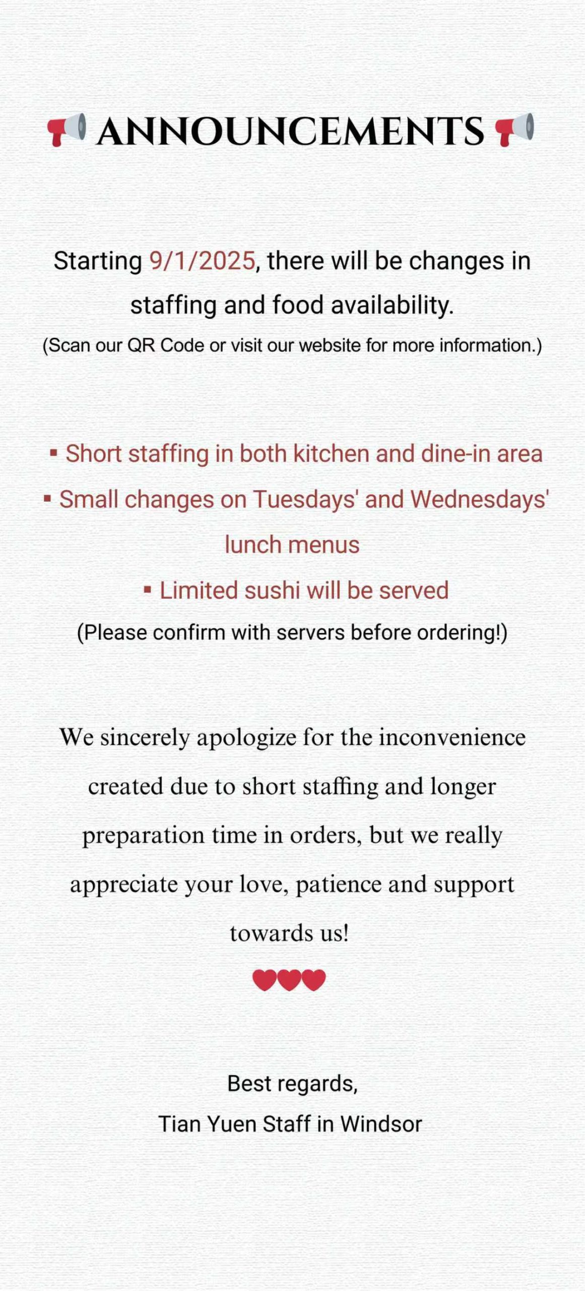 Tian Yuen Restaurant staffing & menu changes notice (starting 9/1/2025)