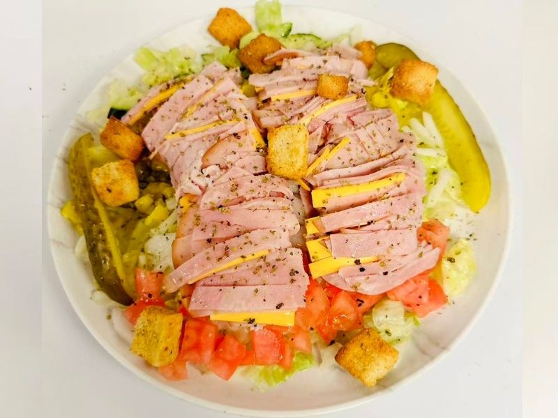 Wing-Side-Cleveland-Fast-Food-Restaurant-Ham-Salad-Cleveland Fresh salad with ham, veggies, croutons, pickles at Wing Side - Cleveland, a Fast Food Restaurant in Cleveland