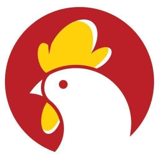 Minimalist rooster head logo in red circle with yellow comb and wattle, white face, red eye, white beak