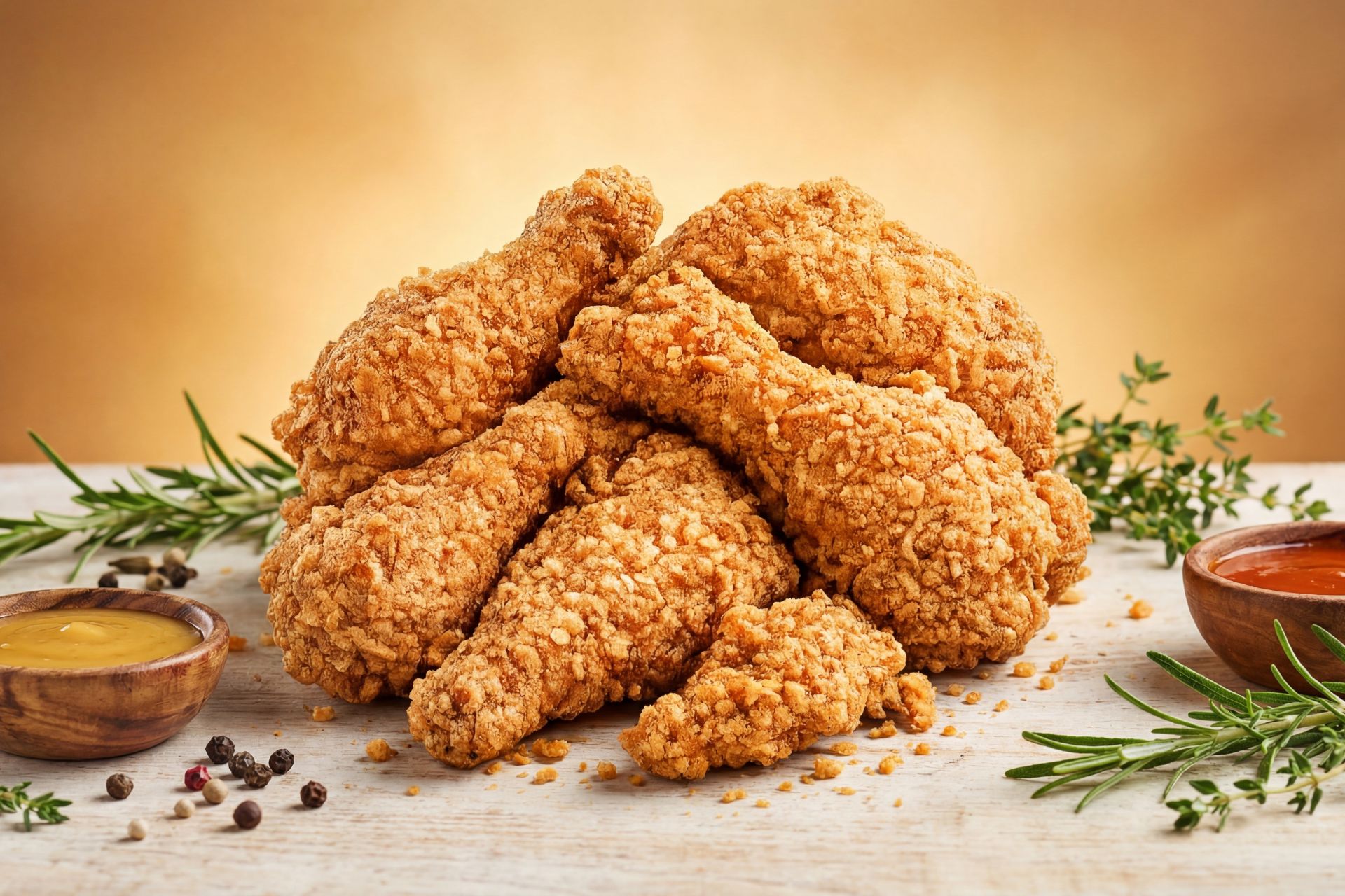 Golden breaded fried chicken drumsticks with herb garnish and dipping sauces at Wing Star, a American fusion restaurant in Amsterdam