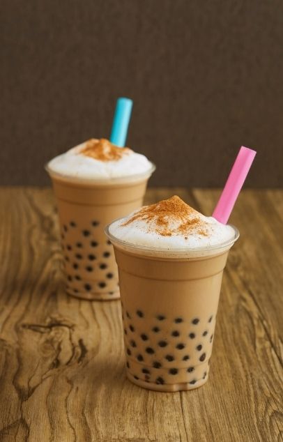 Two bubble tea drinks with foam topping and colorful straws at Wing Star, a American fusion restaurant in Amsterdam