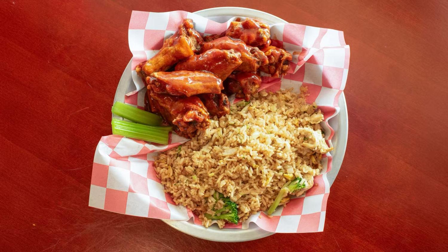 BBQ wings with fried rice from Wings Way, a chicken wing restaurant in Hollywood