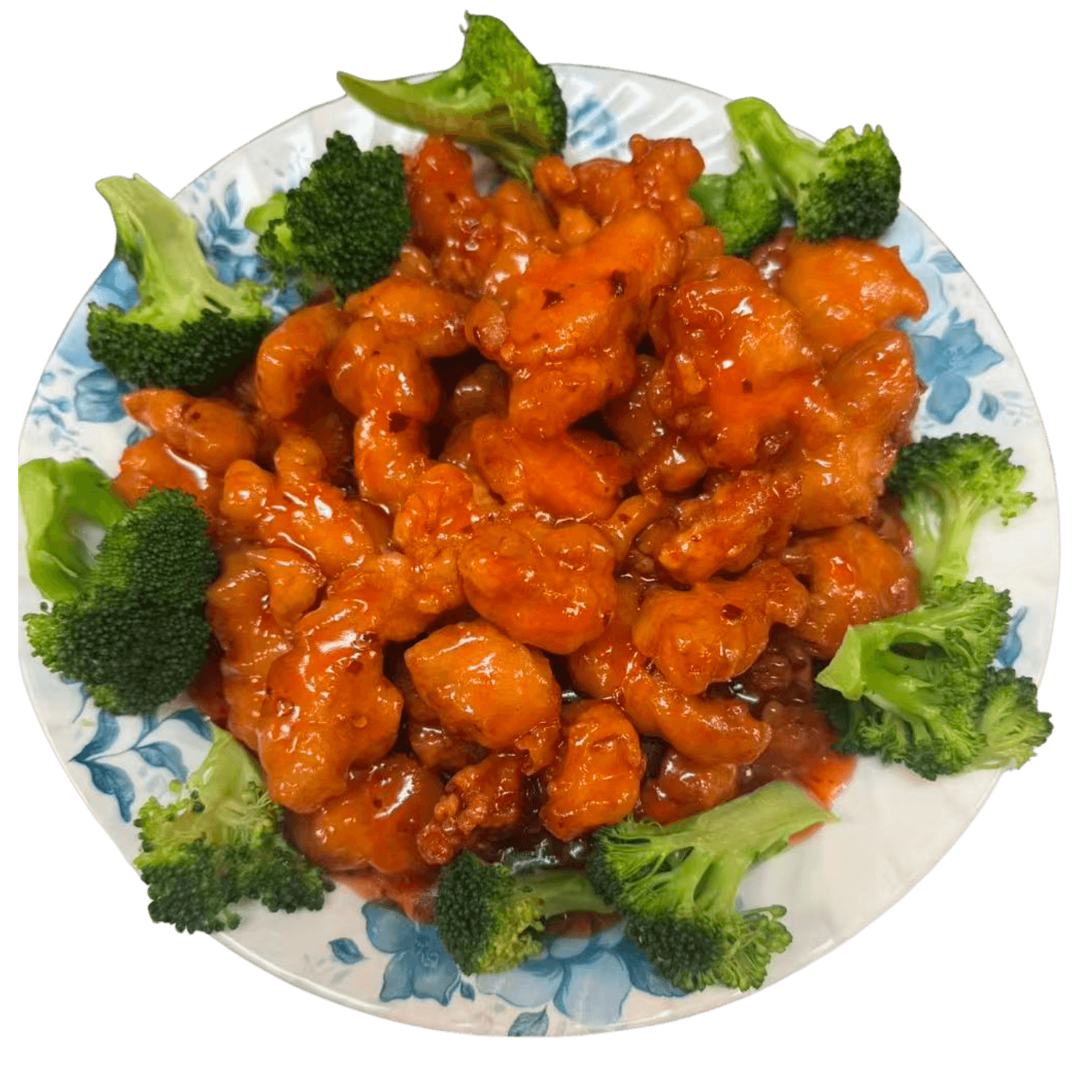 Orange chicken with a tangy sauce and broccoli at Wing Wah Restaurant, a Chinese Restaurant in Chicago