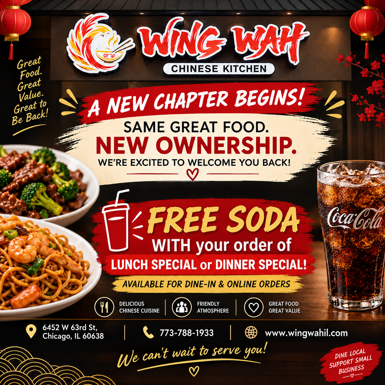 Wing Wah Chinese Kitchen online order promo: free egg rolls, chicken fried rice, and orange chicken at $35, $55, $75+ spend thresholds.