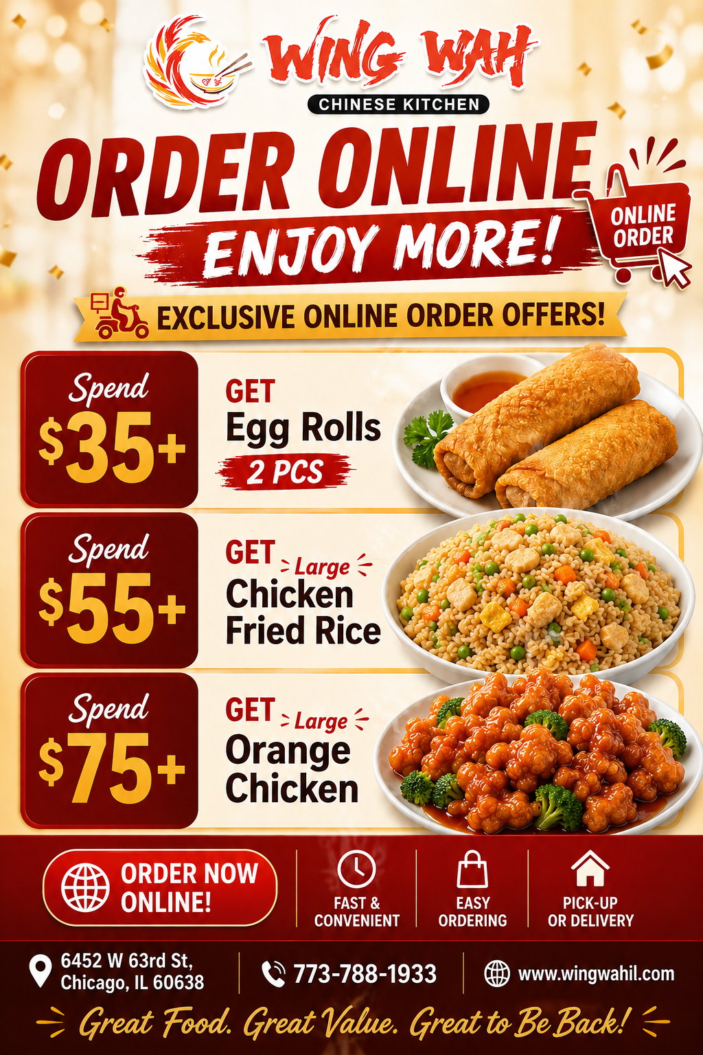 Wing Wah Chinese Kitchen new ownership promo offering free soda with lunch or dinner specials, valid for dine-in and online orders.