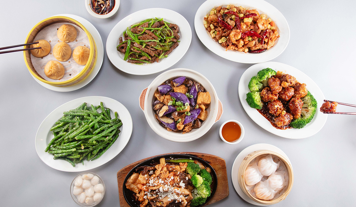 Assorted Chinese dishes with dumplings and vegetables at Wok 88, a Chinese Restaurant in New York