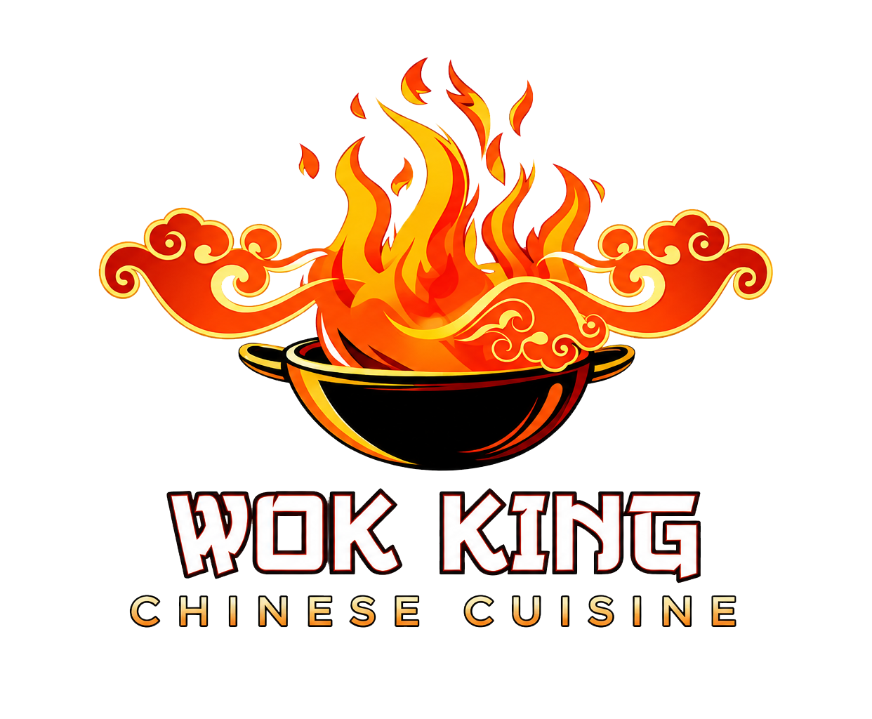 Wok King Chinese Cuisine logo with a fiery wok and bold restaurant name
