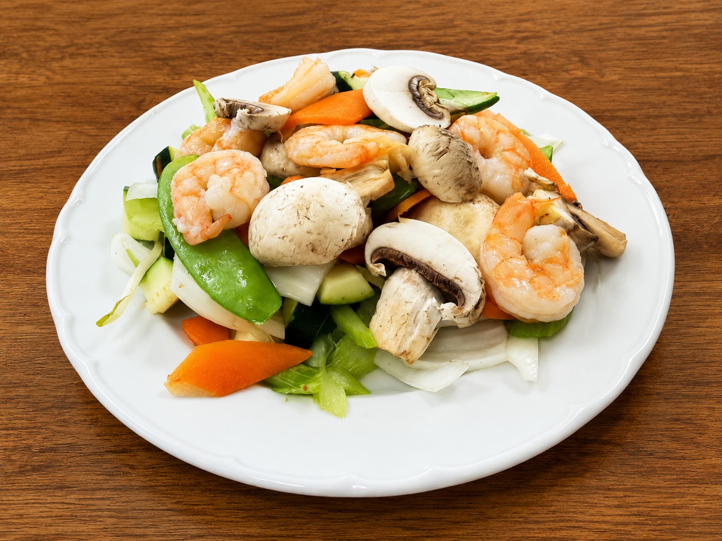 Shrimp with mixed vegetables and mushrooms at Wok King Chinese Cuisine, a Chinese Restaurant in Indio