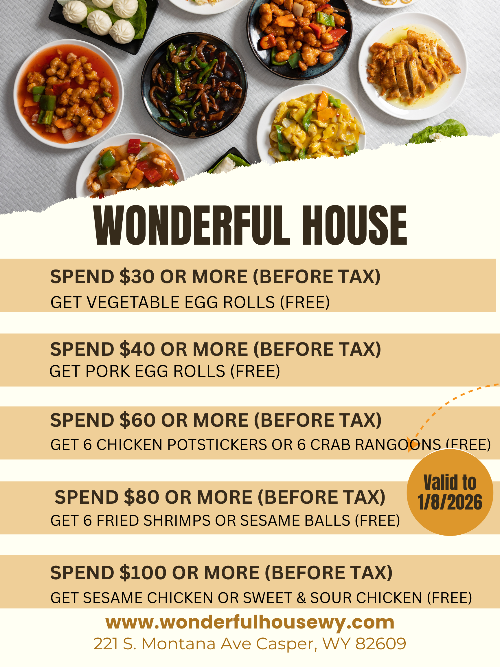 Alt: Promotional poster for Wonderful House restaurant showing spend-based free food offers valid until January 8, 2026.

Title: Wonderful House special offers – free dishes with qualifying purchases
